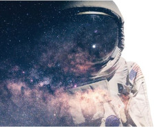 A graphic of an astronaut in space. Stars and galaxies on the left, the right side is blank.