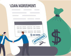 Graphic of two people shaking hands over a loan agreement with a bag of money in the background.