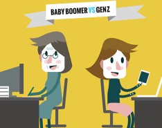 cartoon showing baby boomer and get z working