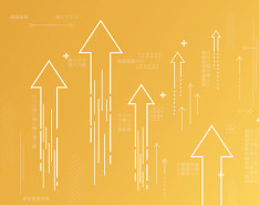 A graphic of a bright yellow background with a photo of an elevator rising 