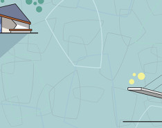 Futuristic graphic with a smart home at the top and bottom