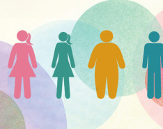 A graphic of differently sized outlines of people against a colorful background