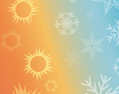 An illustrated graphic of orange suns on the left and blue snowflakes on the right