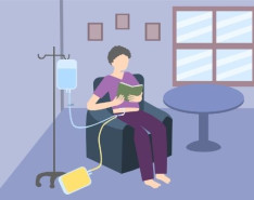 An illustration of someone sitting in a chair at home receiving dialysis