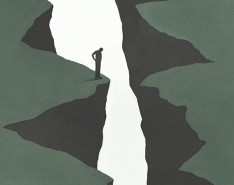 An illustrated drawing of a man overlooking a ravine between two separated cliffs