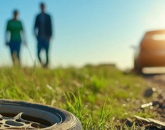 A tire lays on the ground with two people and a car in the background