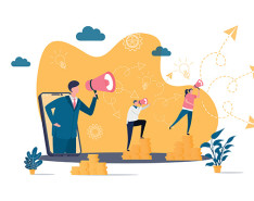 A graphic of three individuals standing on gold coins while speaking into megaphones