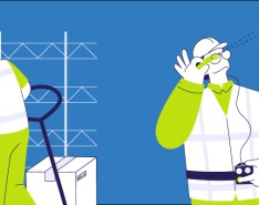 Two illustrated men working in a warehouse. They are wearing bright green jumpsuits in front of a blue background.