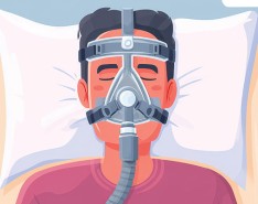 A cartoon of a man laying on a bed with a CPAP machine on his face.
