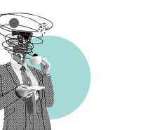 Graphic of an individual wearing a suit, sipping coffee, and with a tornado of thoughts around their head