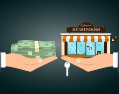 cartoon of hands paying another set of hands for a business