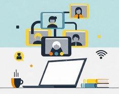 Graphic of several screens connecting over a laptop