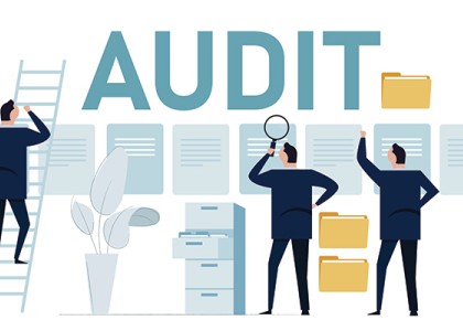 An illustration of three men performing audits with the word "Audit" above them