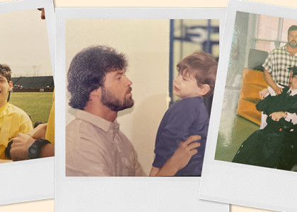 Three polaroids of Jacob Dugger at various ages with his parents