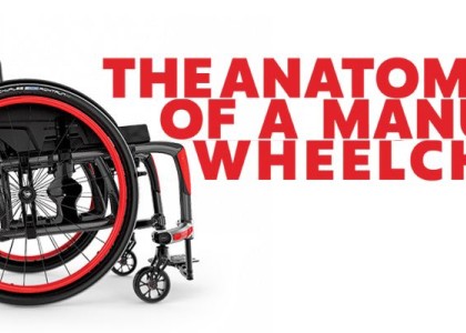 A wheelchair on a white background with red print next to it.