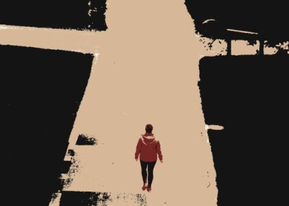 A graphic of a person walking down a split road