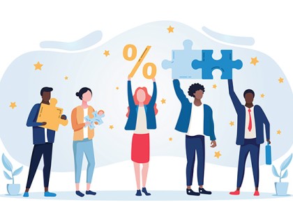An illustration of five people, two of which are hold puzzle pieces stuck together, two are holding single puzzle pieces in their hands, and one is holding a percent sign. 