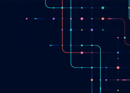 A dark blue background with brightly colored squiggle lines and dots on the right side.