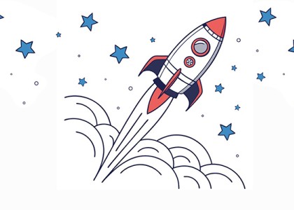 A cartoon of a rocket ship flying into the stars