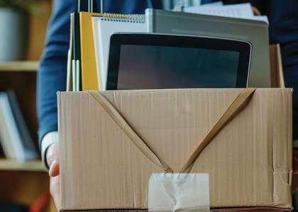 A man in a blue suit holds a brown box filled with office supplies.