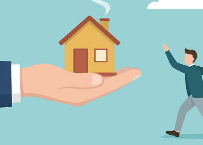 A cartoon graphic of a large hand holding a small house while a small figure of a man runs towards it