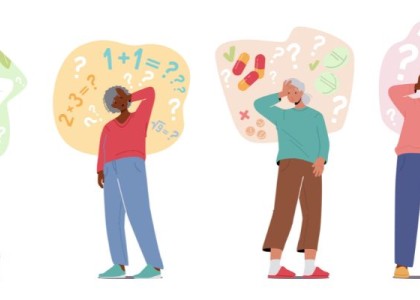 illustration of older adults forgetting things such as watering plants, numbers, pills and more