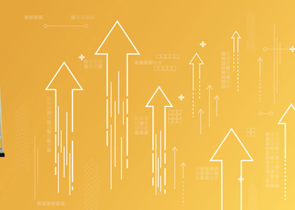 A graphic of a bright yellow background with a photo of an elevator rising 