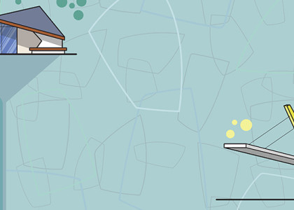 Futuristic graphic with a smart home at the top and bottom