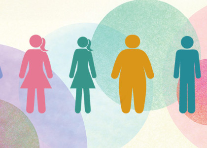 A graphic of differently sized outlines of people against a colorful background