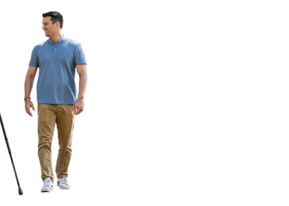 Two men stand next to each other, one of them with leg braces and crutches.