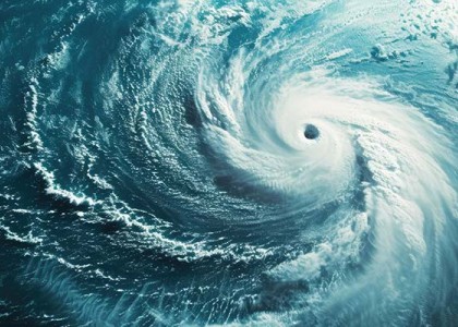 An aerial view of the eye of a hurricane.