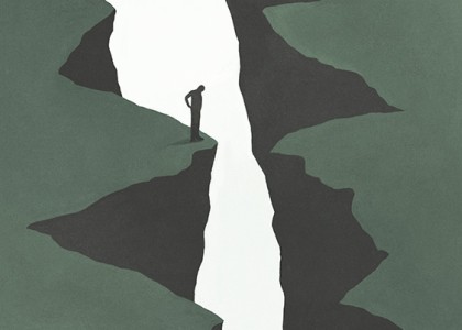 An illustrated drawing of a man overlooking a ravine between two separated cliffs