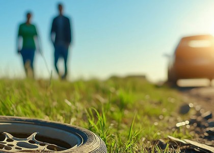 A tire lays on the ground with two people and a car in the background