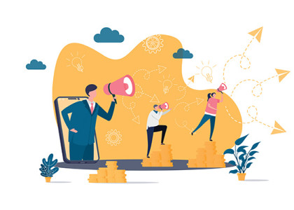 A graphic of three individuals standing on gold coins while speaking into megaphones