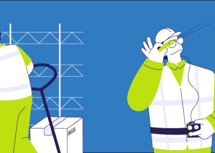 Two illustrated men working in a warehouse. They are wearing bright green jumpsuits in front of a blue background.