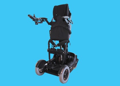 A mobility chair on a bright blue background