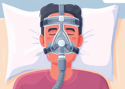 A cartoon of a man laying on a bed with a CPAP machine on his face.