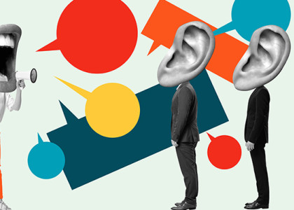 A graphic of a person with a mouth for a head speaking into a megaphone at three people with ears for heads.