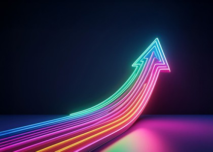 A multicolor neon arrow goes upward against a dark background