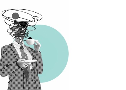 Graphic of an individual wearing a suit, sipping coffee, and with a tornado of thoughts around their head