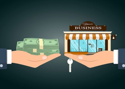 cartoon of hands paying another set of hands for a business