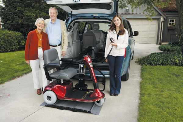 The Joey interior platform lift by Bruno raises and stores your unoccupied scooter or power chair inside your minivan or full-size van.