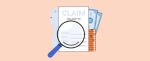 An illustration of a magnifying glass over papers, with the top reading "claims."