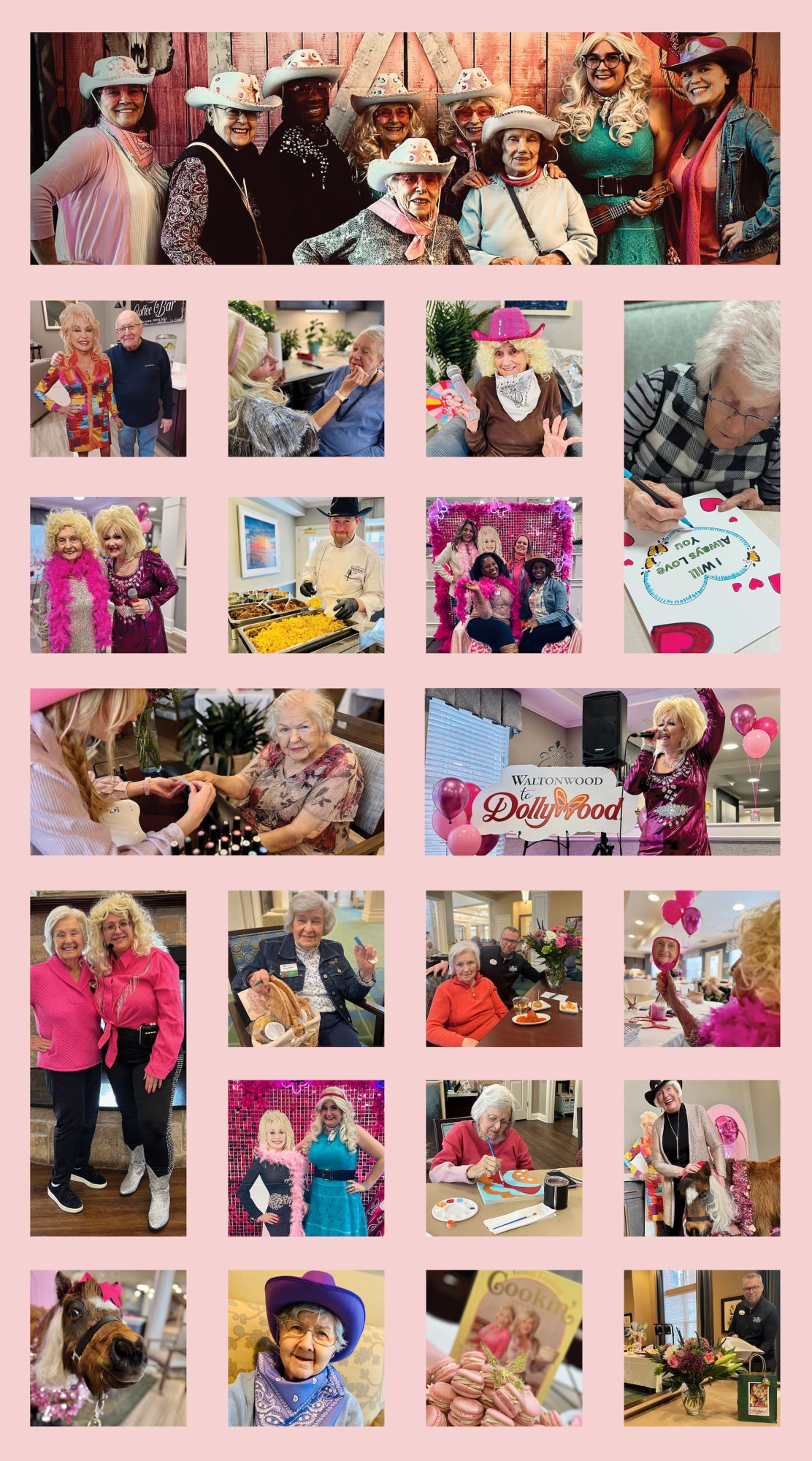 A photo collage of the Waltonwood residents enjoying the Dolly Parton themed event