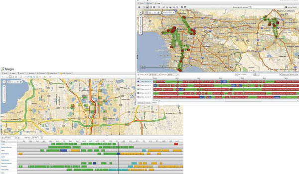 Telogis Fleet 9 management software provides data on several vehicles simultaneously (above) while its Progression version
(at left) enhances scheduling, visibility and productivity.